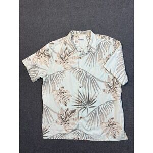 #A058 Tommy Bahama Mens Medium Silk Blend Camp Shirt Beige Palm Leaf Tropical